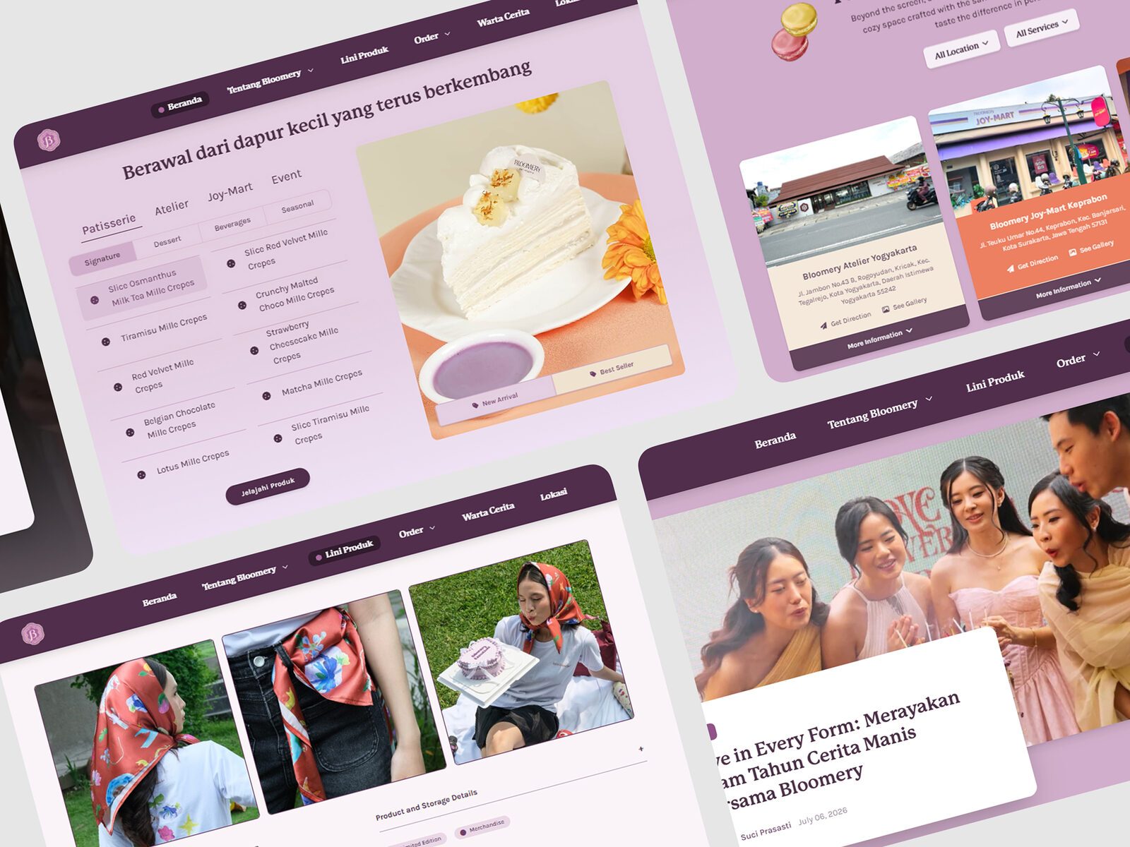 Bloomery Patisserie live site pages including product listing, location, and blog