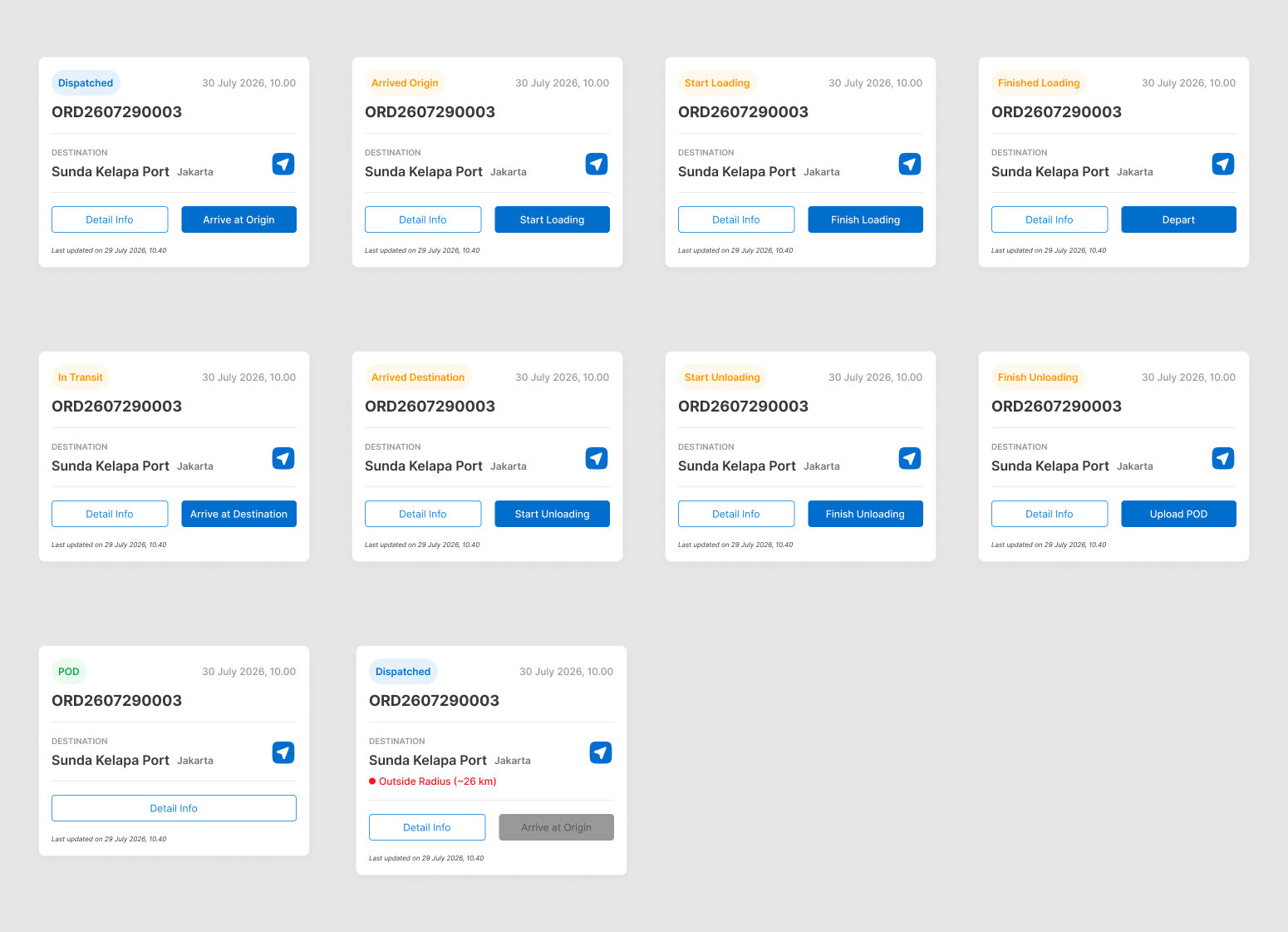 Order status cards showing geofence-gated actions across delivery stages