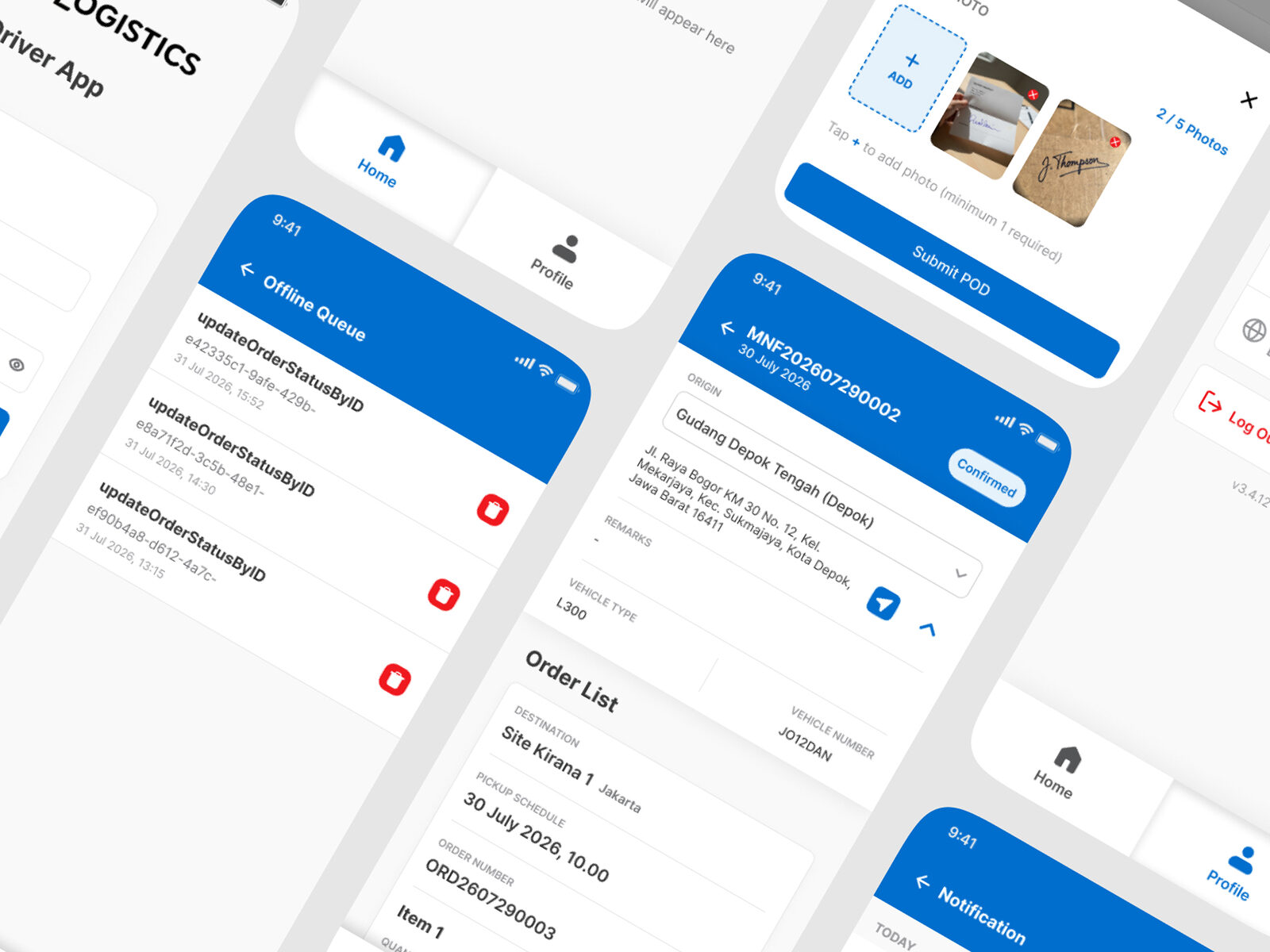 Offline queue and proof of delivery photo upload screens
